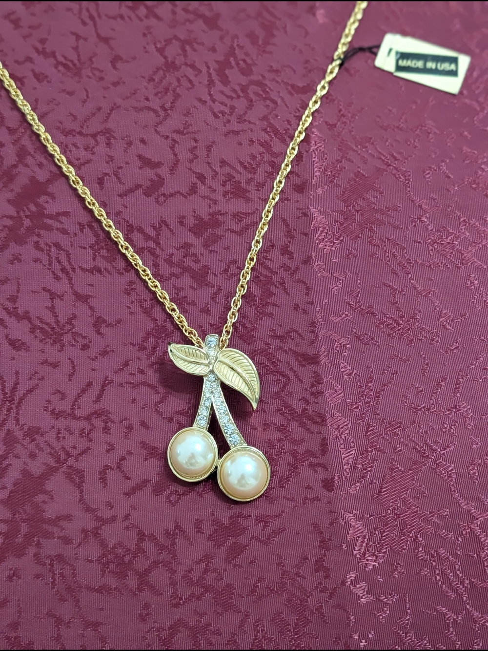 Gold Tone Cherry Pearl Pendant Necklace - Women Jewelry